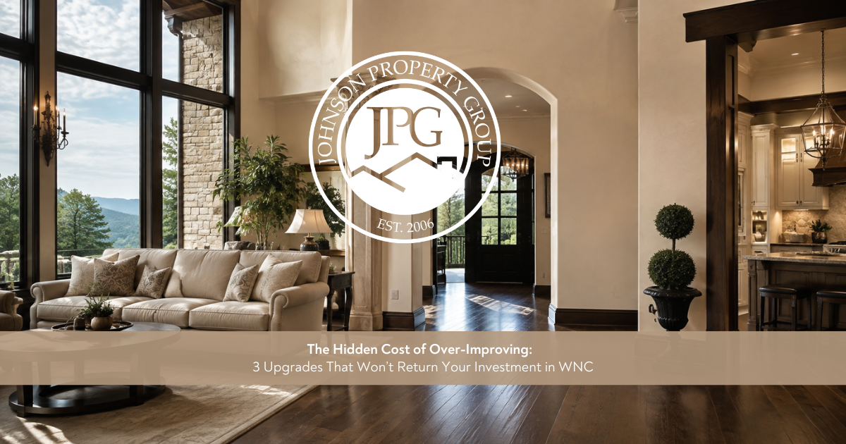 Johnson Property Group branded seller education graphic showing a refined home renovation scene with paint samples, hardware, and a clean neutral design palette, representing smart upgrade decisions before selling.