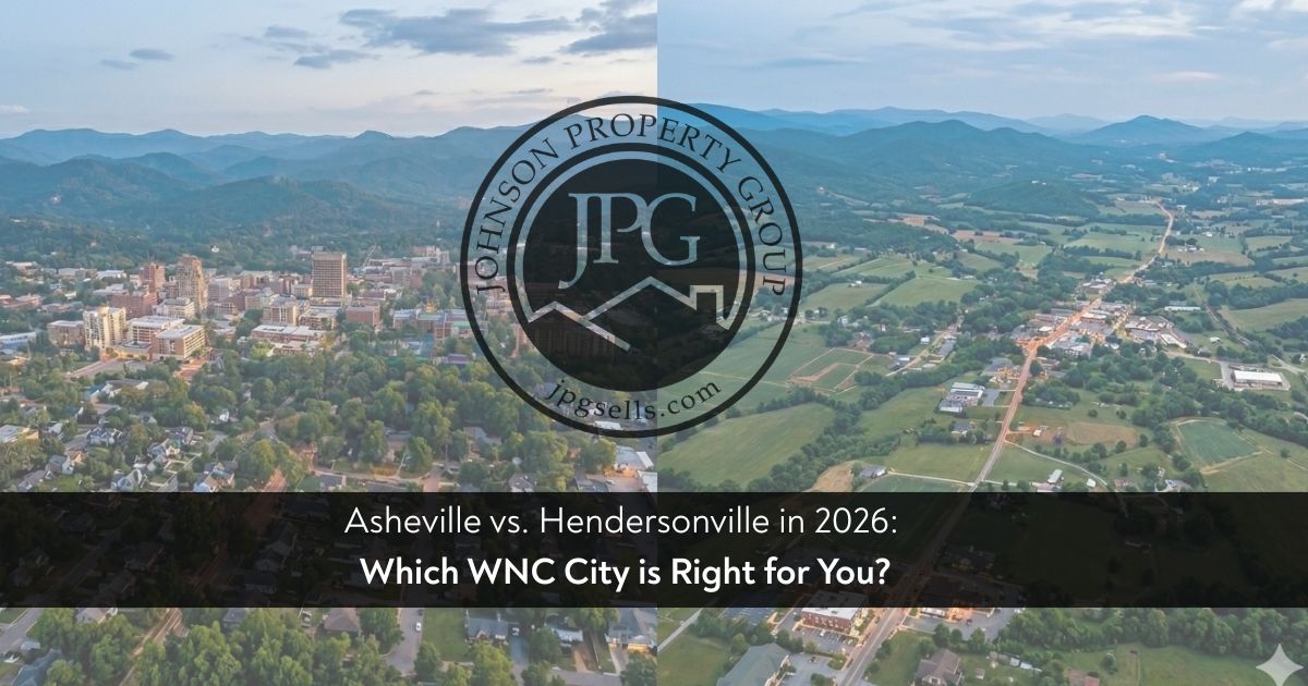 An illustrative side-by-side real estate market comparison of Asheville (Buncombe County) showing urban culture, $472k median price, and Hendersonville (Henderson County) showing a walkable Main Street, $435k median price, in 2026.