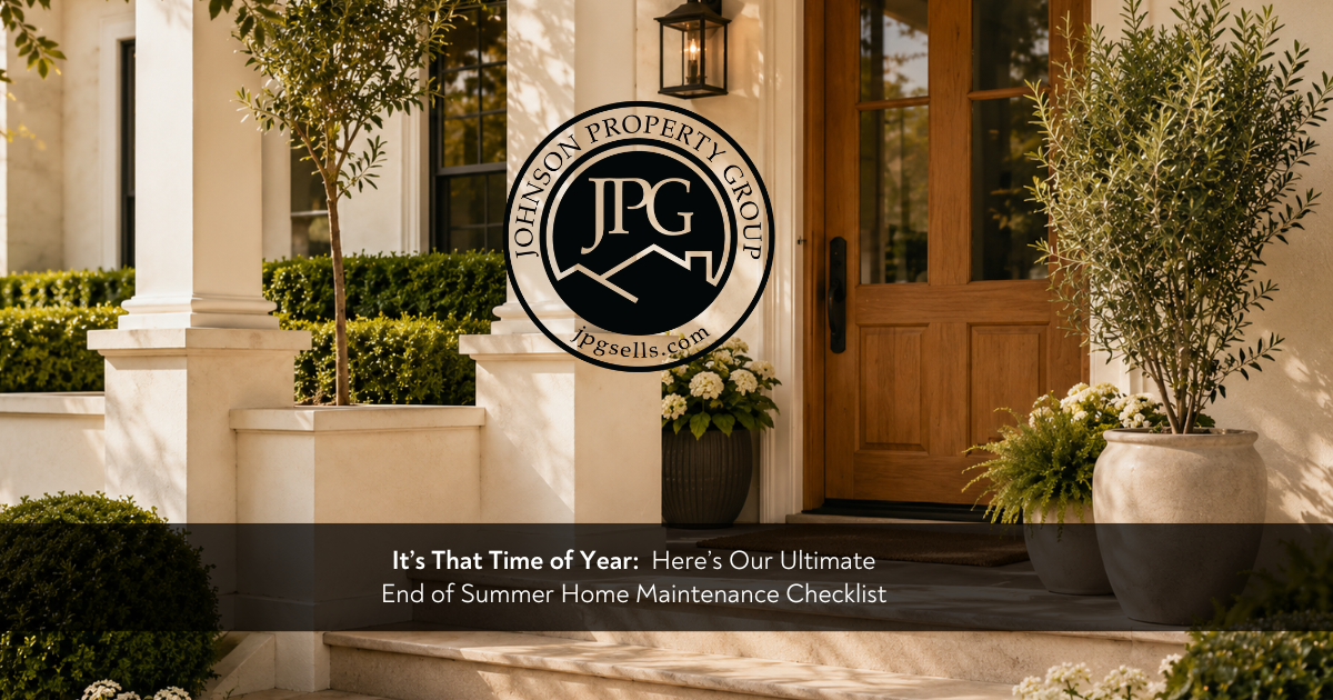 Johnson Property Group branded seasonal home maintenance graphic showing a polished WNC home exterior in warm late-summer light with clean landscaping and a refined checklist-inspired design.