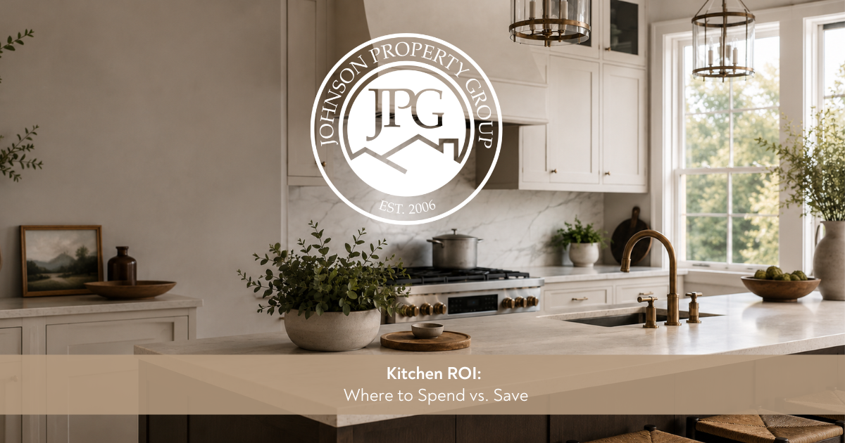 Bright, white and cream kitchen with white granite countertops and modern brass fixtures. Titled Kitchen ROI: Where to Spend vs. Where to Save