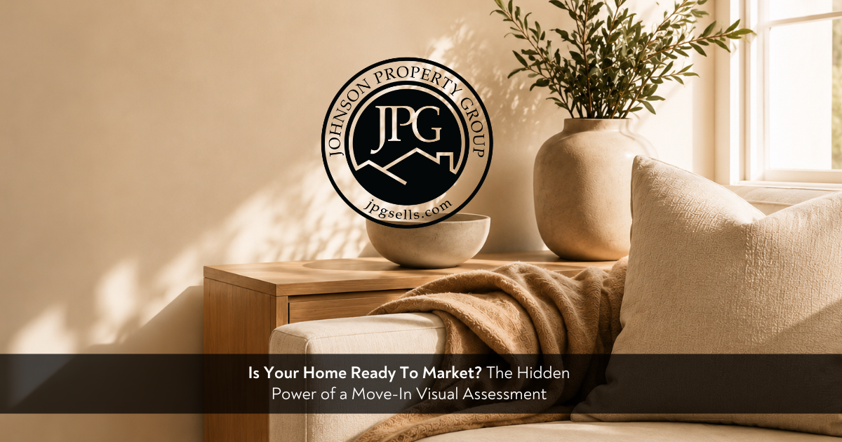 Johnson Property Group branded real estate graphic showing a bright neutral home interior with keys, a clipboard, and soft natural light, representing a buyer’s move-in assessment and appraisal process.