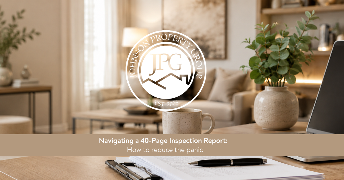 Johnson Property Group branded graphic showing a calm neutral home interior with inspection paperwork, warm natural light, and a refined real estate design style.