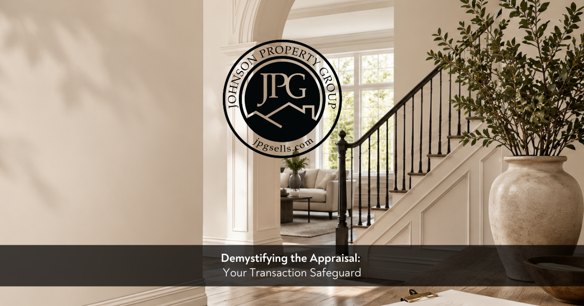 Johnson Property Group branded real estate graphic showing a bright neutral home interior with appraisal paperwork, a pen, and keys, representing the appraisal process during a home purchase.