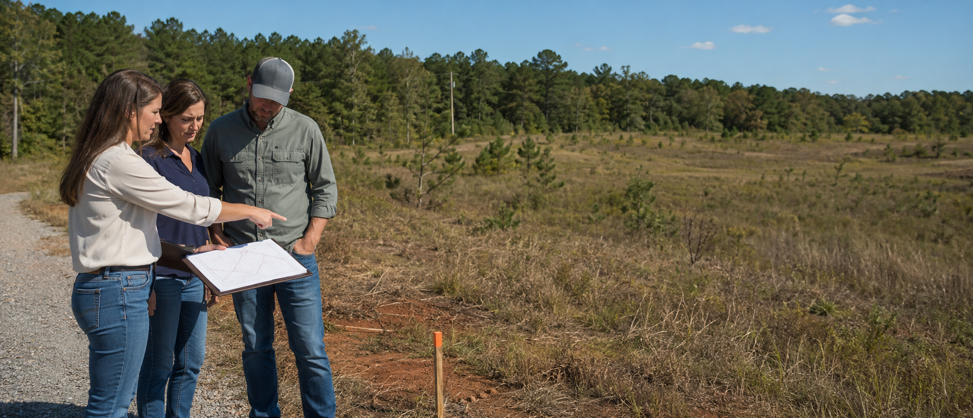 Real Estate Agent reviews a boundary survey with two buyers beside a marked rural Alabama parcel.