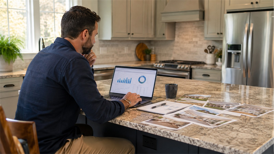 Title: Alabama Listing Performance Review - Description: Real estate professional reviewing listing photos and online buyer activity for an Alabama home