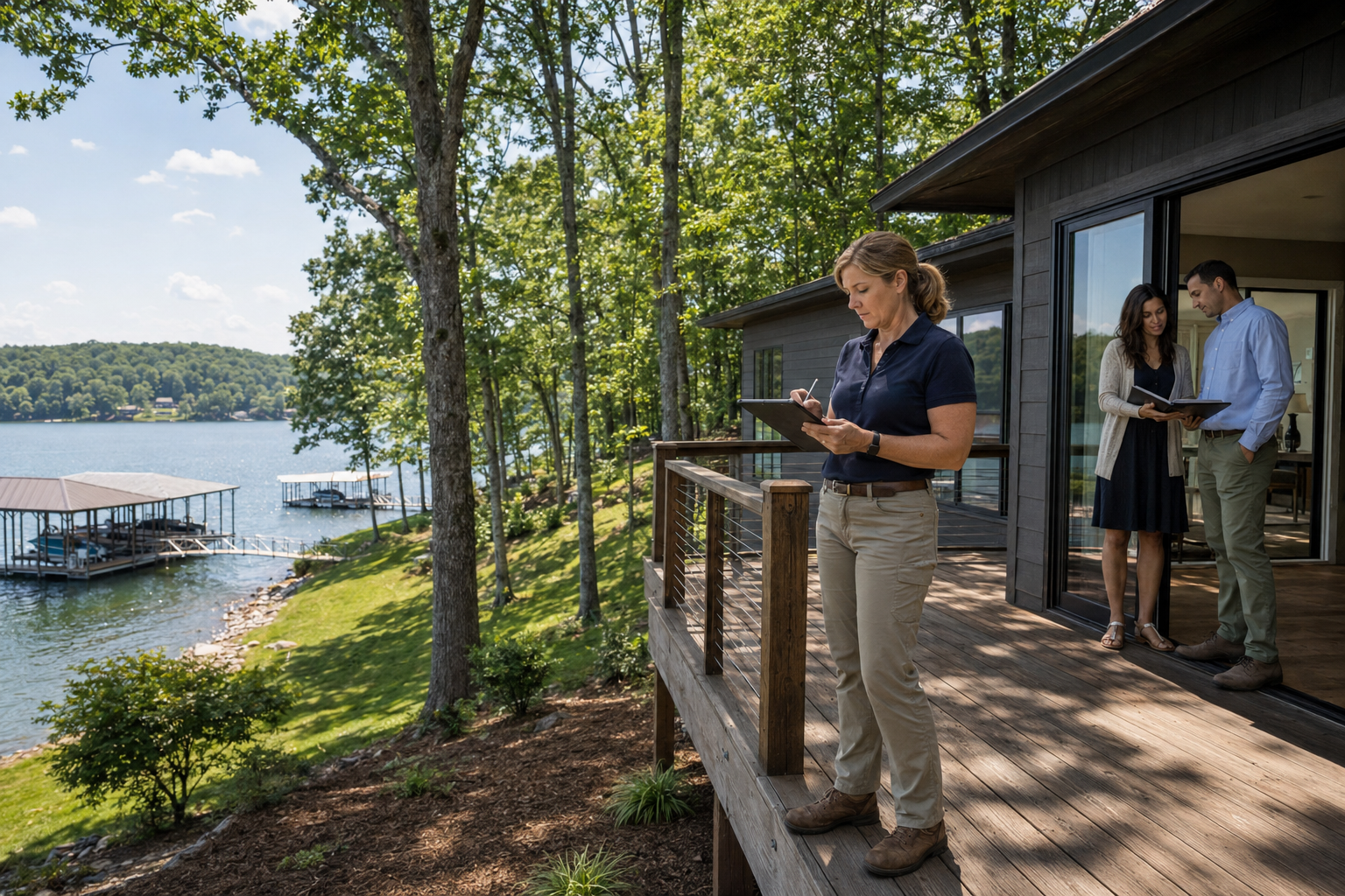 Smith Lake residential appraisal site inspection - Description: A residential appraiser documents a Smith Lake property’s deck, wooded site and lake view while the homeowner and real estate agent review property records.