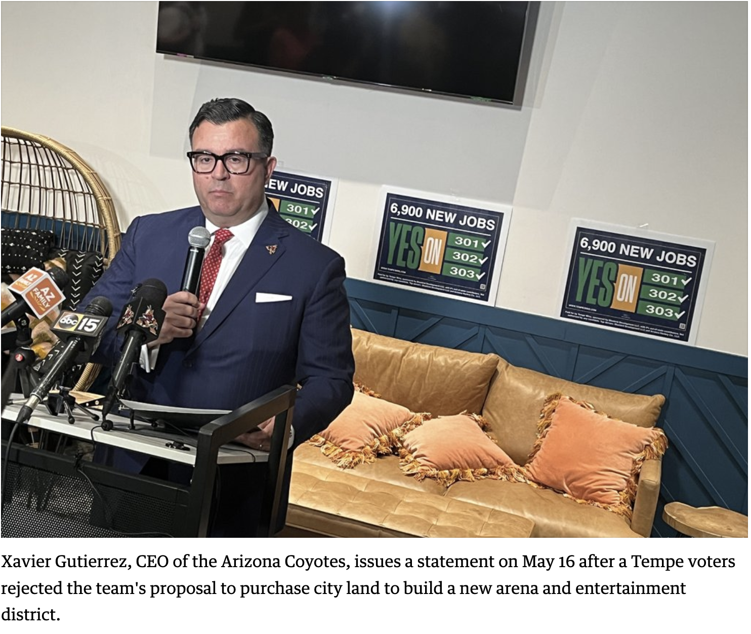 Arizona Coyotes' future cloudy after voters reject proposed arena project, according to early returns header image.