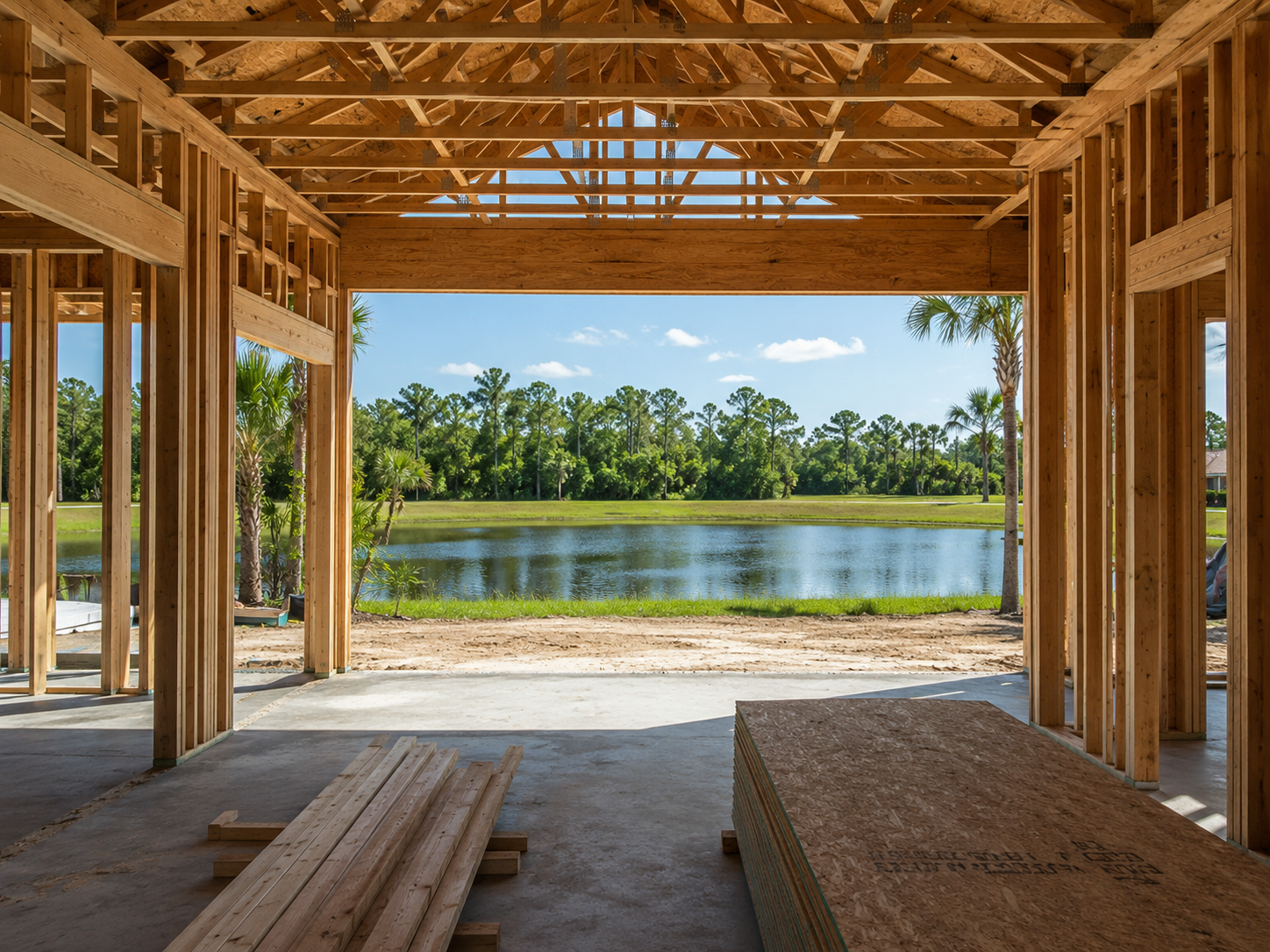 Florida home under construction overlooking the conservation pond lot
