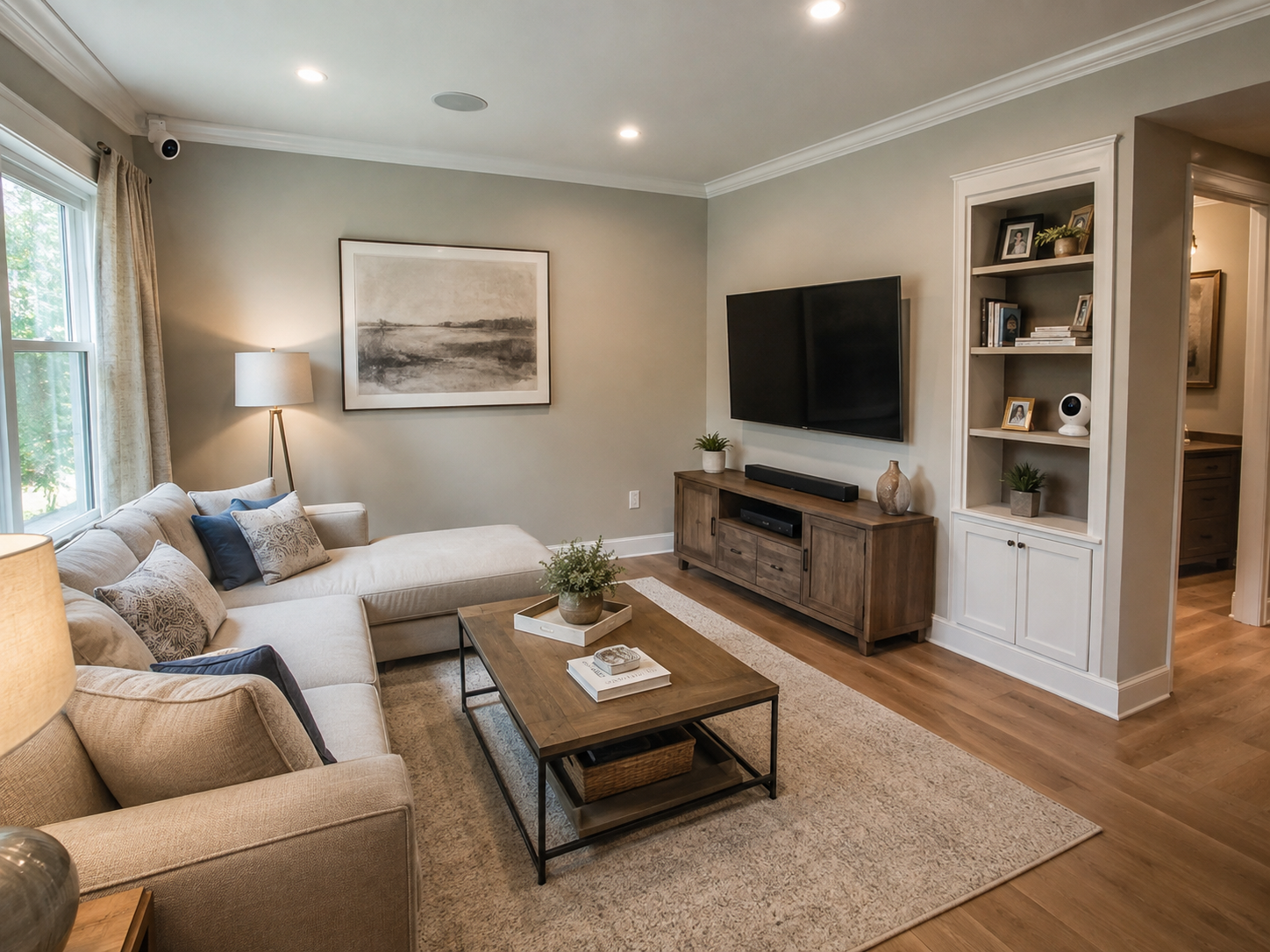 Modern living room monitored by two indoor home security cameras mounted near the ceiling and on a built-in shelf.