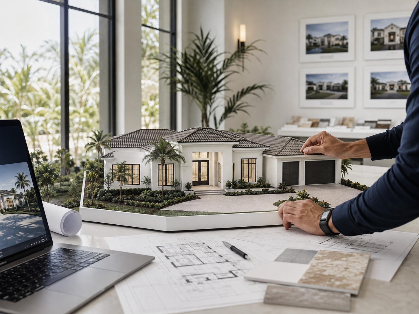 Architectural Plans with a model of a renovated home