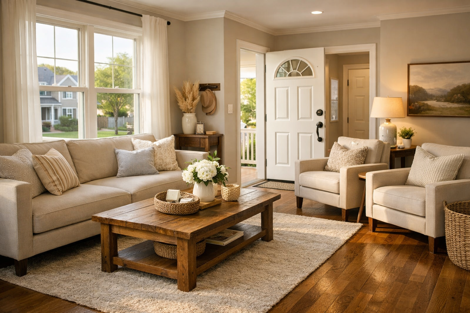Well-staged living room of a home for sale in Murfreesboro Tennessee ready for buyer showings.