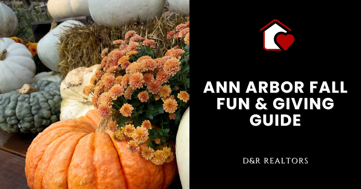 A fall harvest display featuring an orange pumpkin, white squash, hay, and chrysanthemums, with a black graphic overlay reading 'Ann Arbor Fall Fun & Giving Guide' by D&R Realtors.