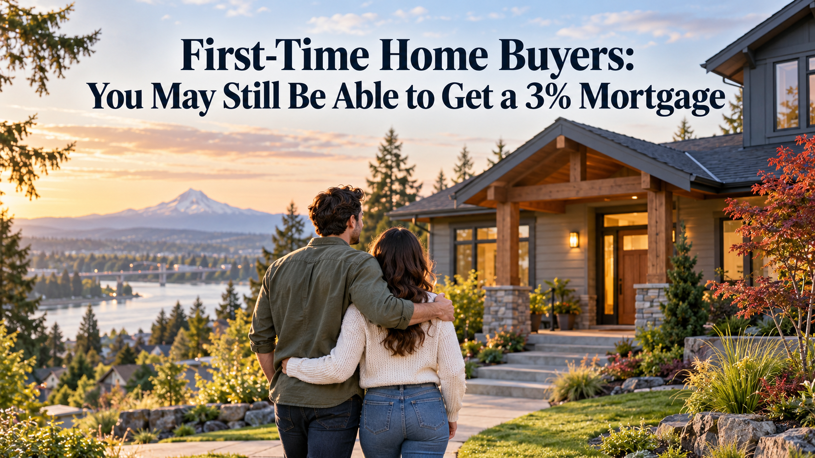 First-time home buyers standing outside a home in the Portland area with Mount Hood in the background, alongside the title “First-Time Home Buyers: You May Still Be Able to Get a 3% Mortgage.”
