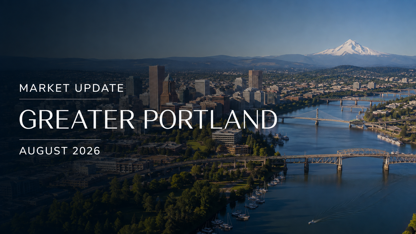 Greater Portland real estate market update banner with a summer local residential landscape for August 2026