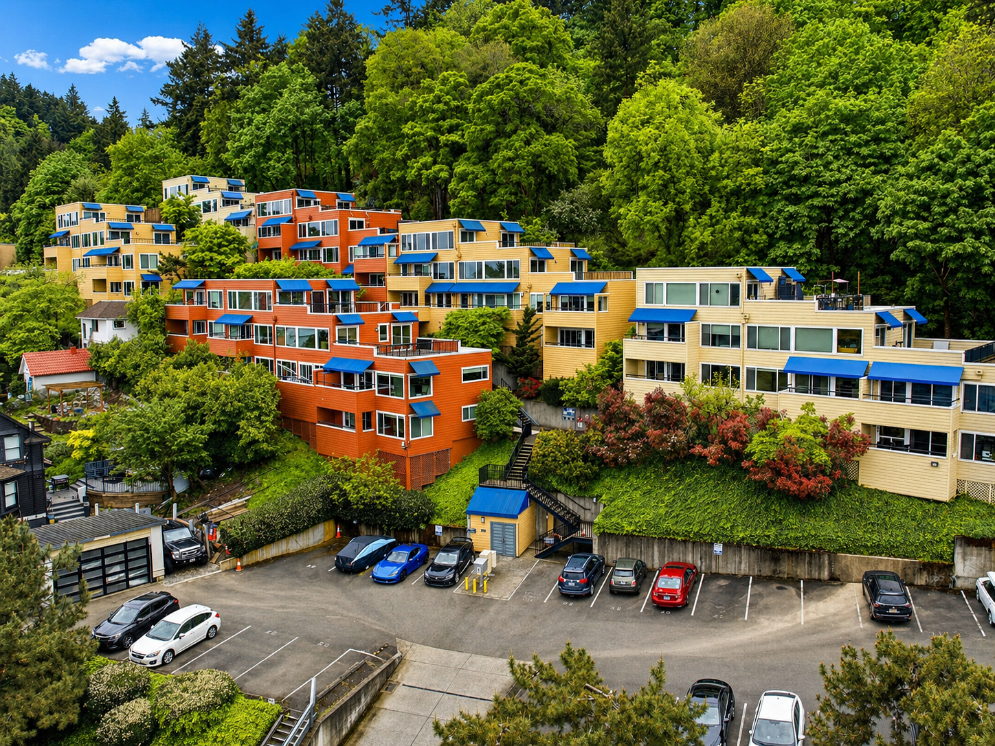SW Portland condo near OHSU at 3515 SW Barbur Blvd Unit X3 with city river and Mt Hood views from an oversized private deck