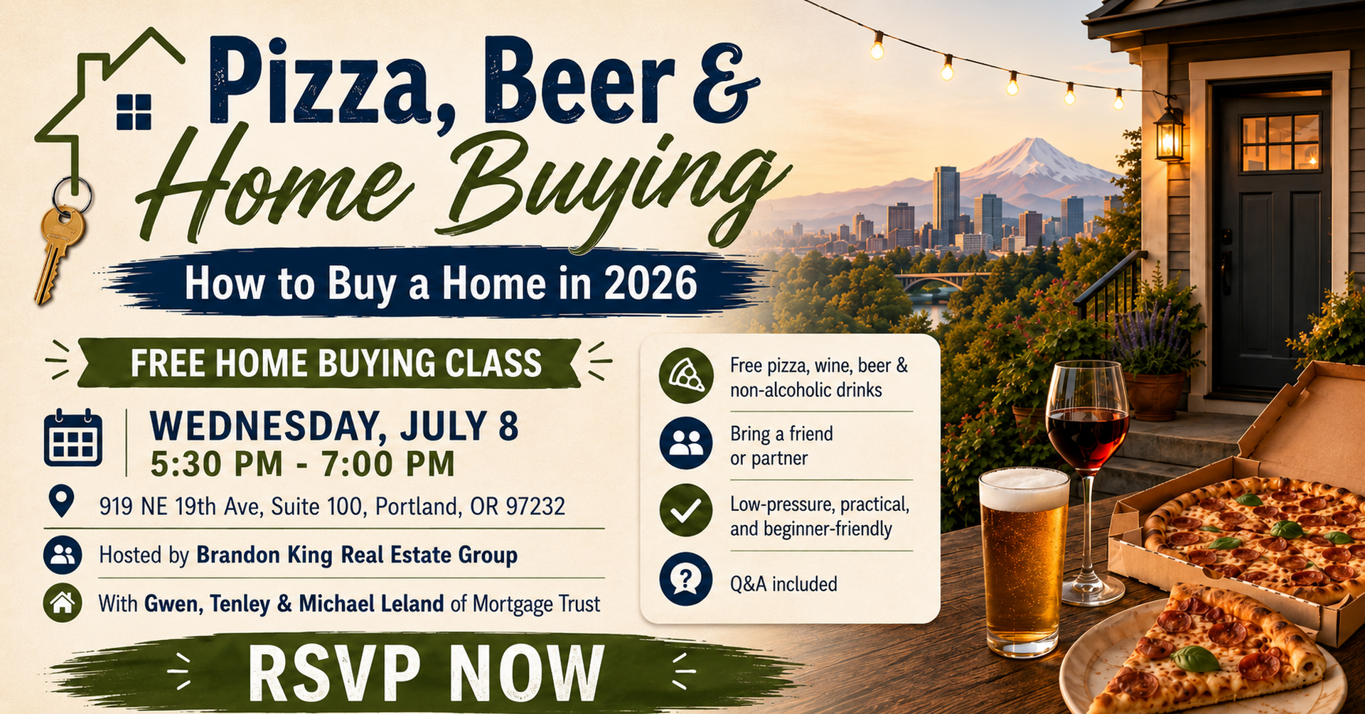 Pizza, beer, and home buying class event graphic for a free Portland home buyer seminar