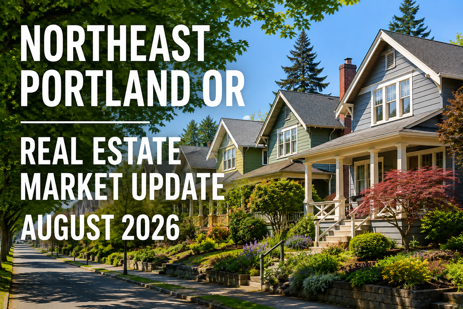 Northeast Portland OR real estate market update cover image for August 2026 with a summer local landscape