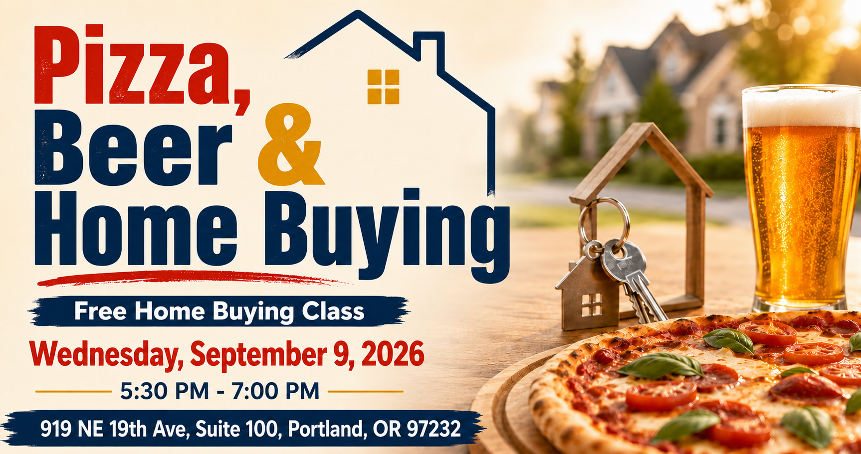 image of pizza, beer, keys, and information on the vents date, time and location