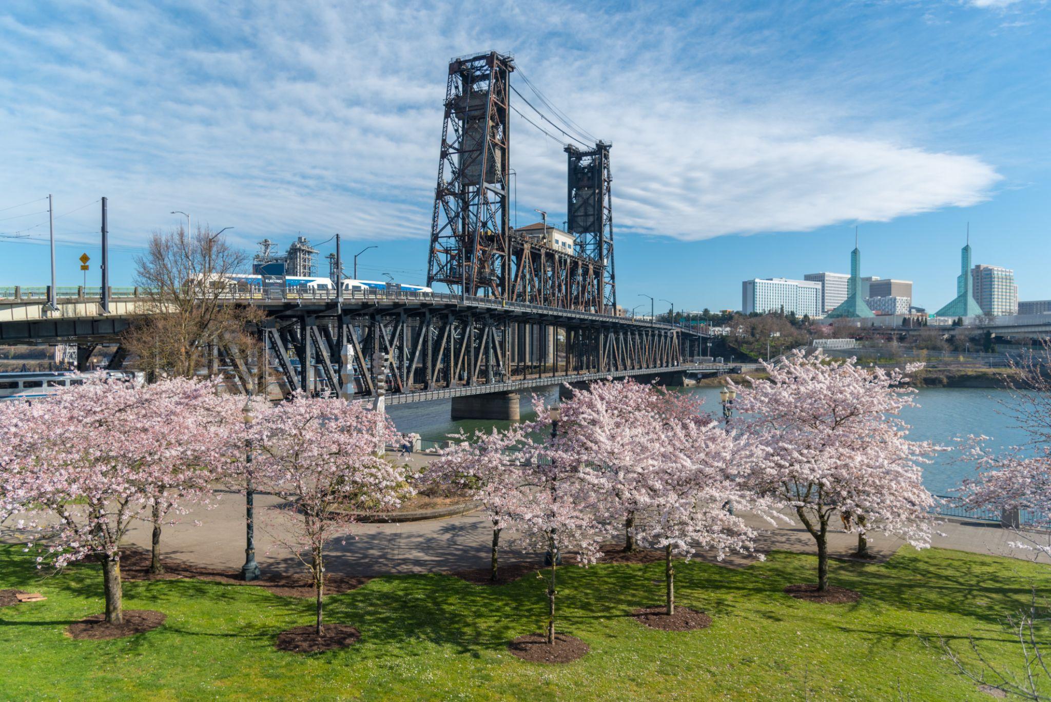 Portland waterfront and Steel Bridge during a spring weekend in Oregon.