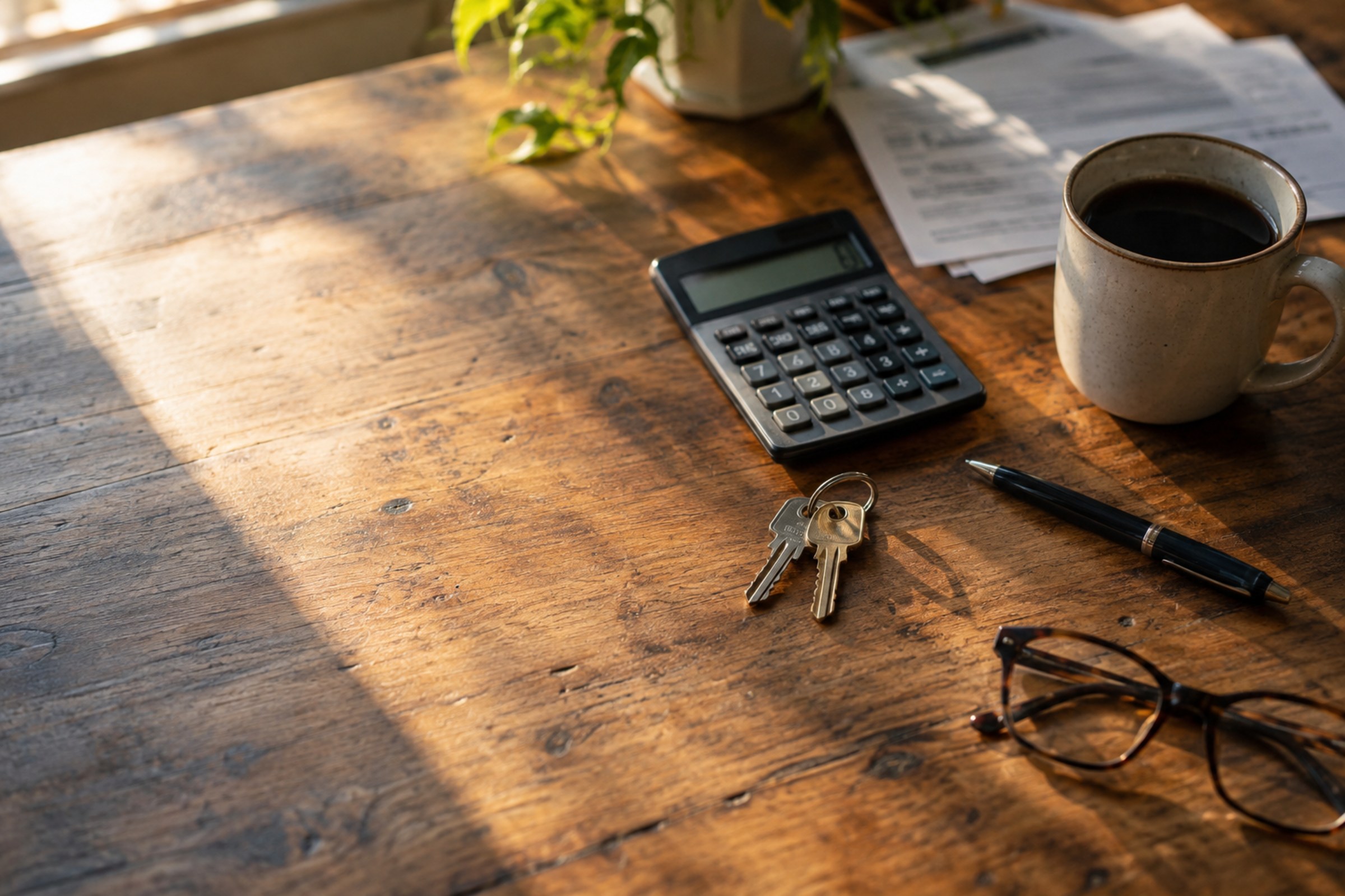 Overhead view of a wooden kitchen table with a calculator, house keys, coffee mug, reading glasses and loan papers in morning light