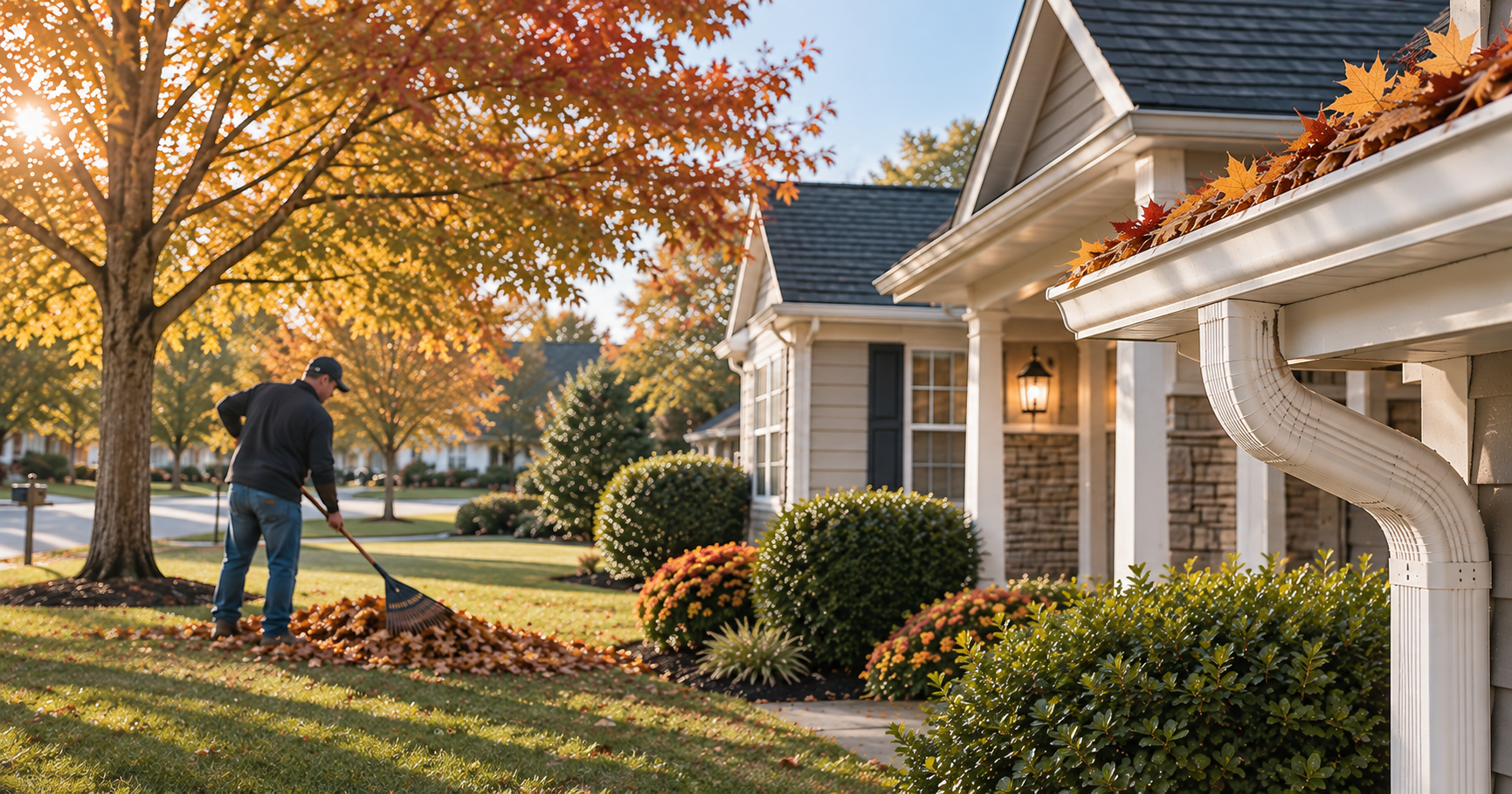 Homeowner raking fall leaves in front of a suburban Ohio home with leaf-filled gutters and a downspout