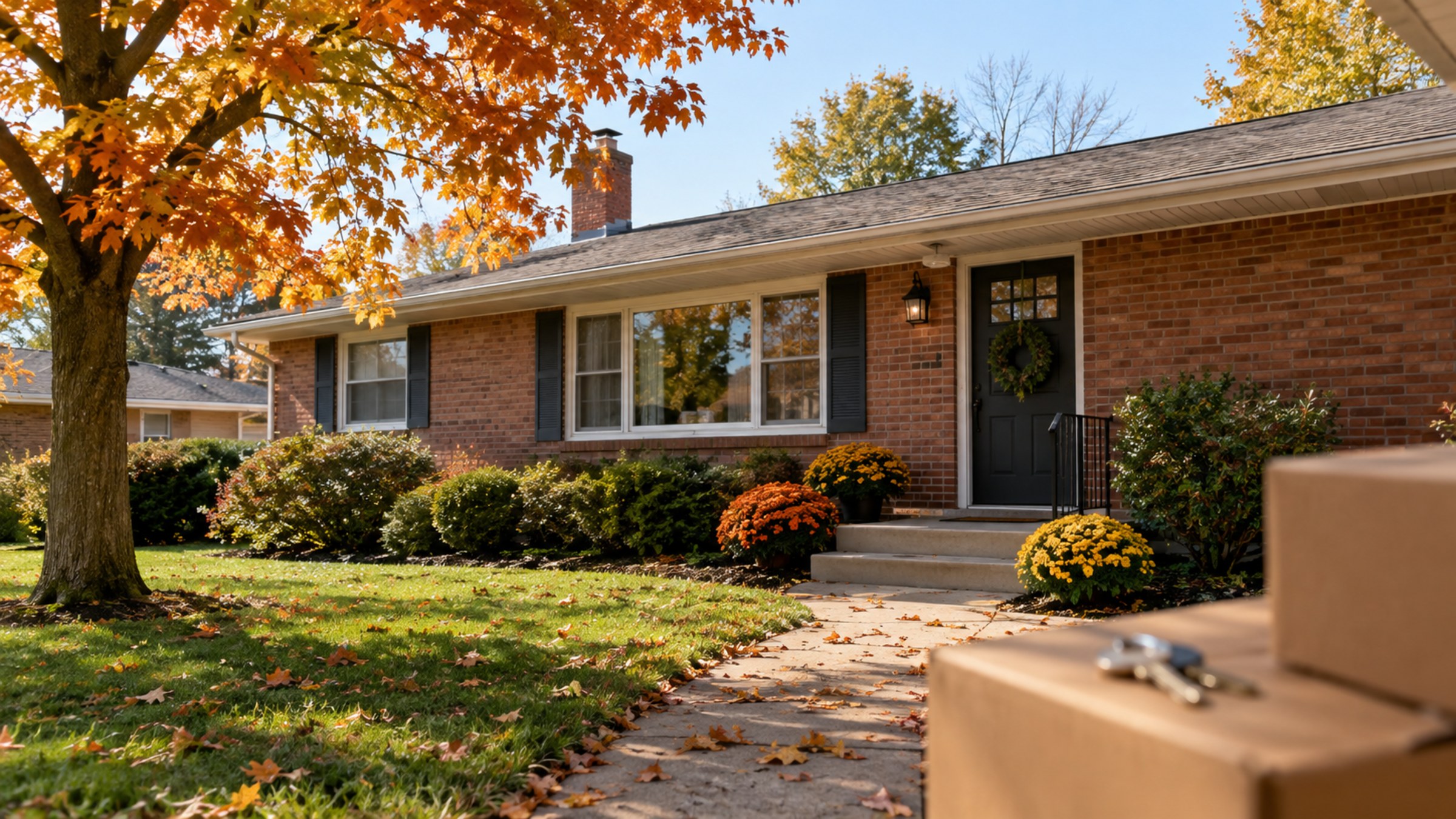 Single-story brick ranch home in fall with an orange maple, mums by the steps, and moving boxes with house keys in the foreground