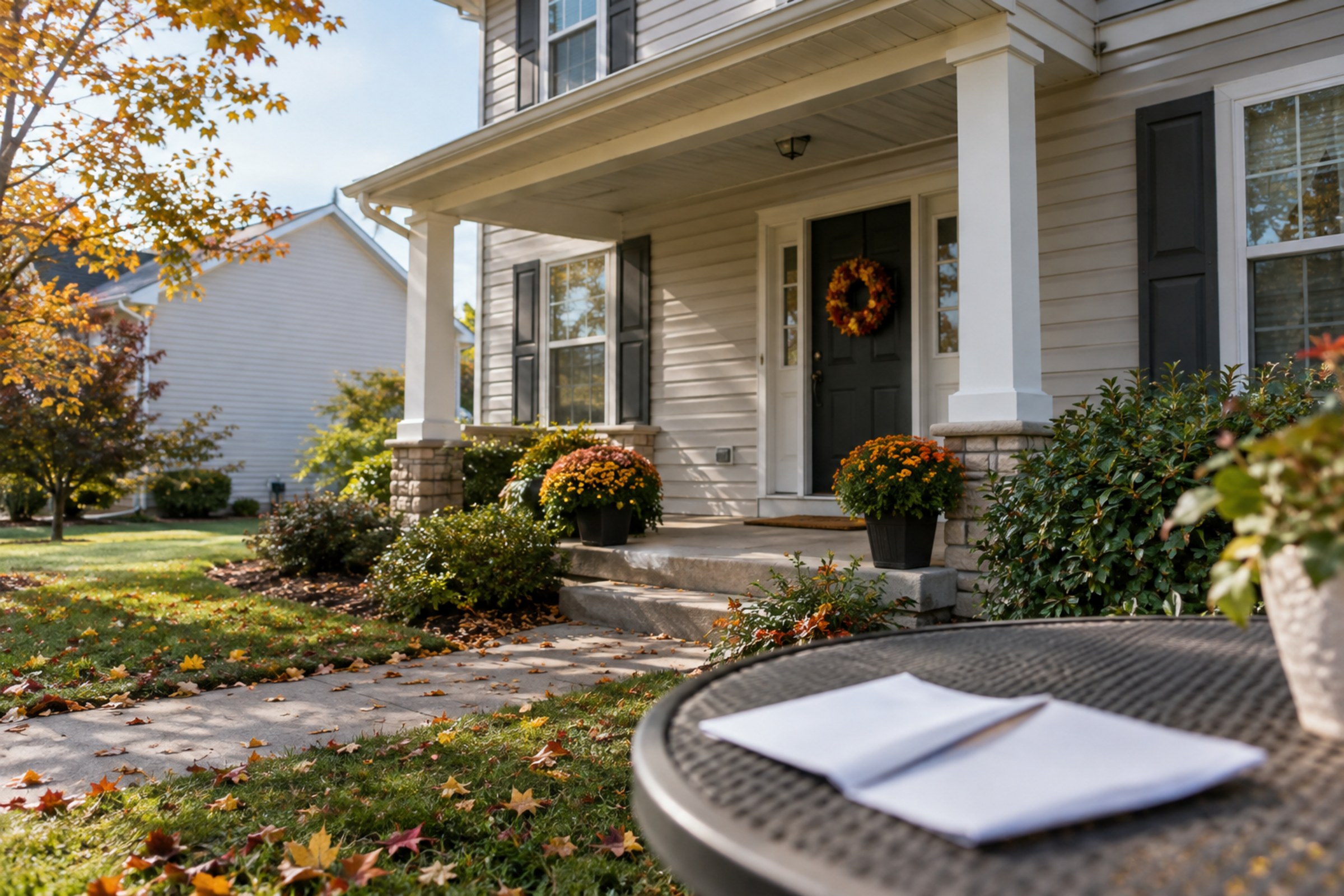 Suburban Ohio home with a fall porch and a county property value letter on a table
