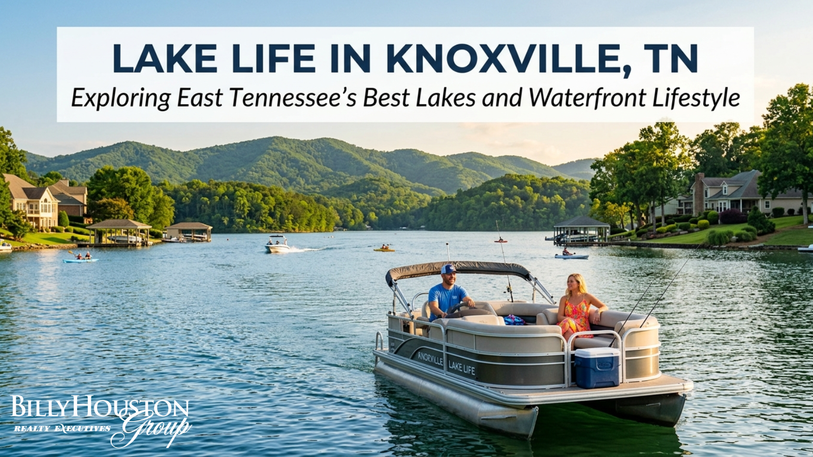 Boats on a lake with East Tennessee mountains in the background near Knoxville, TN