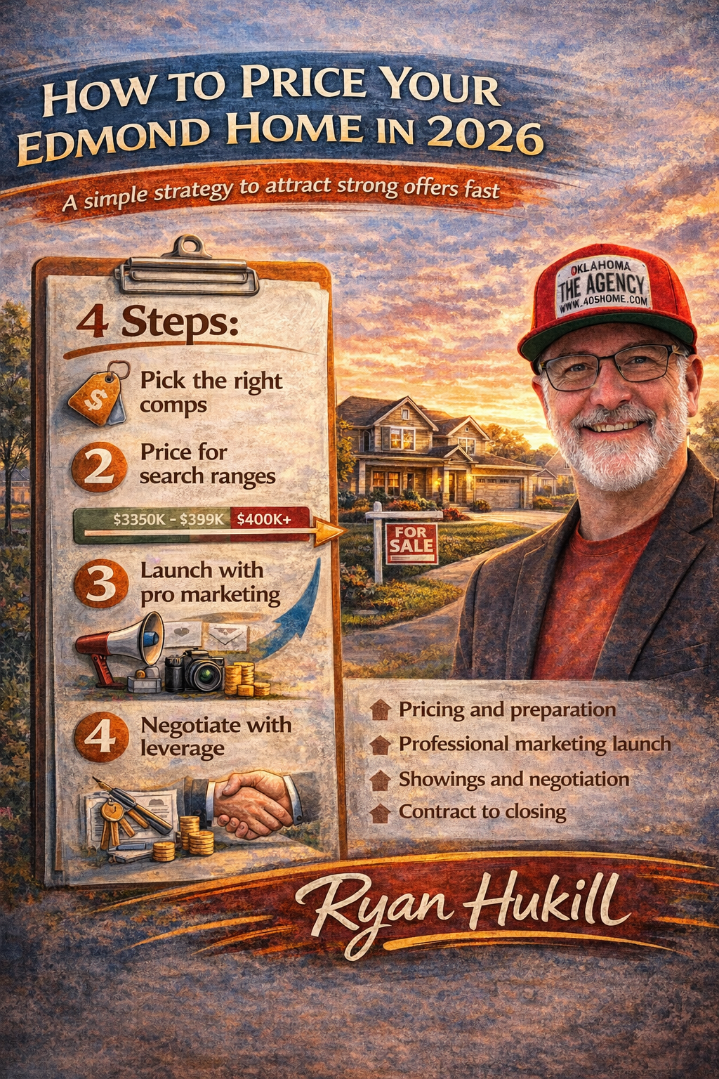 Infographic showing how to price a home in Edmond Oklahoma in 2026 featuring listing expert Ryan Hukill