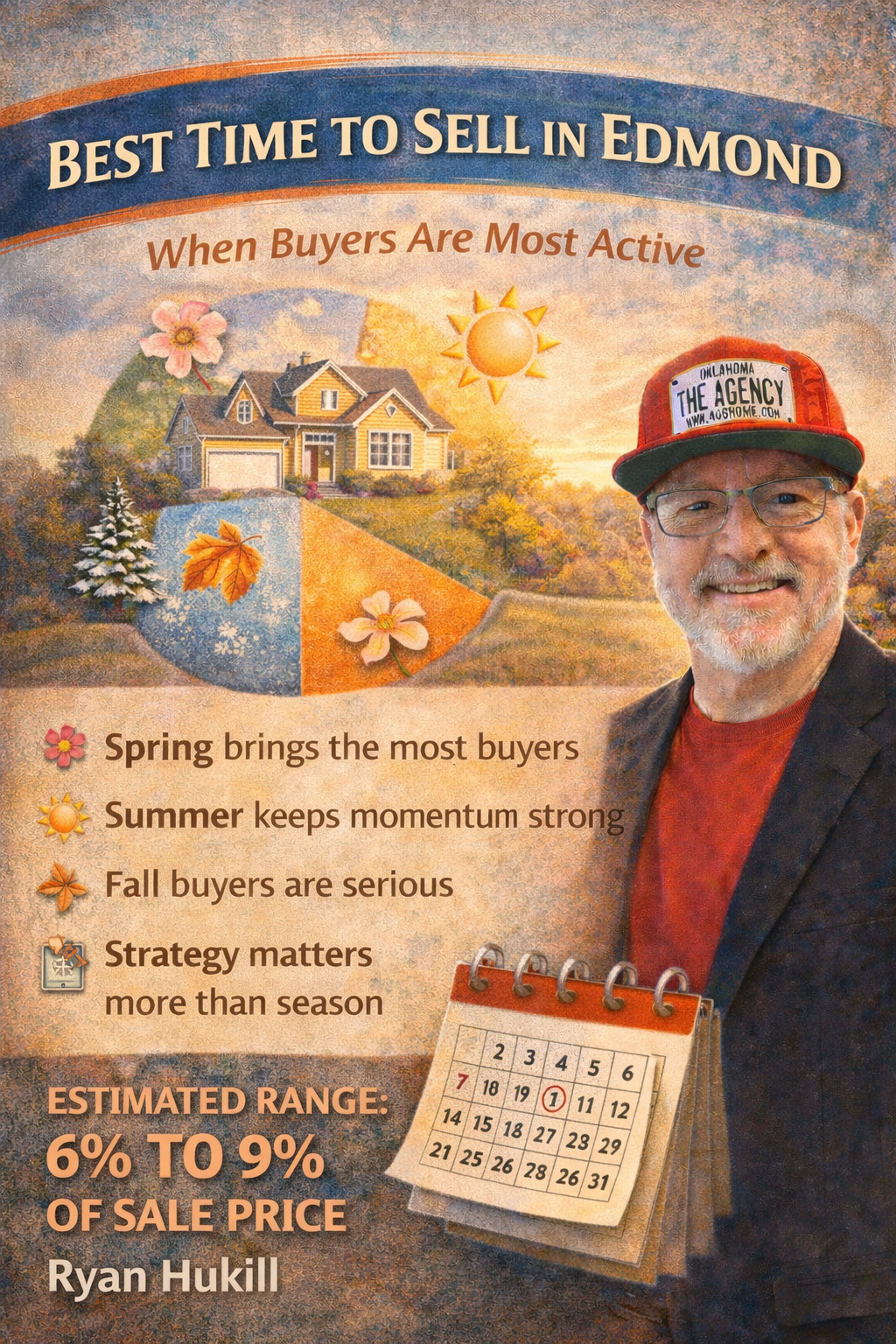 Infographic showing the best time of year to sell a home in Edmond Oklahoma featuring listing expert Ryan Hukill