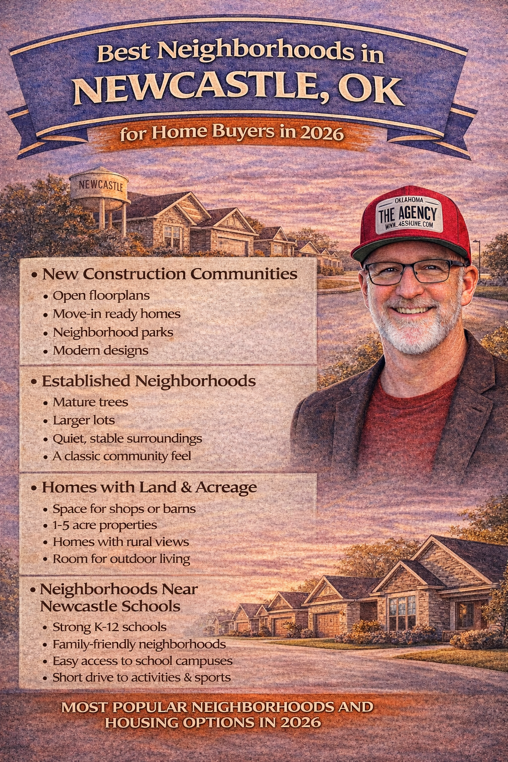 Best neighborhoods in Newcastle Oklahoma infographic featuring local realtor and Newcastle homes