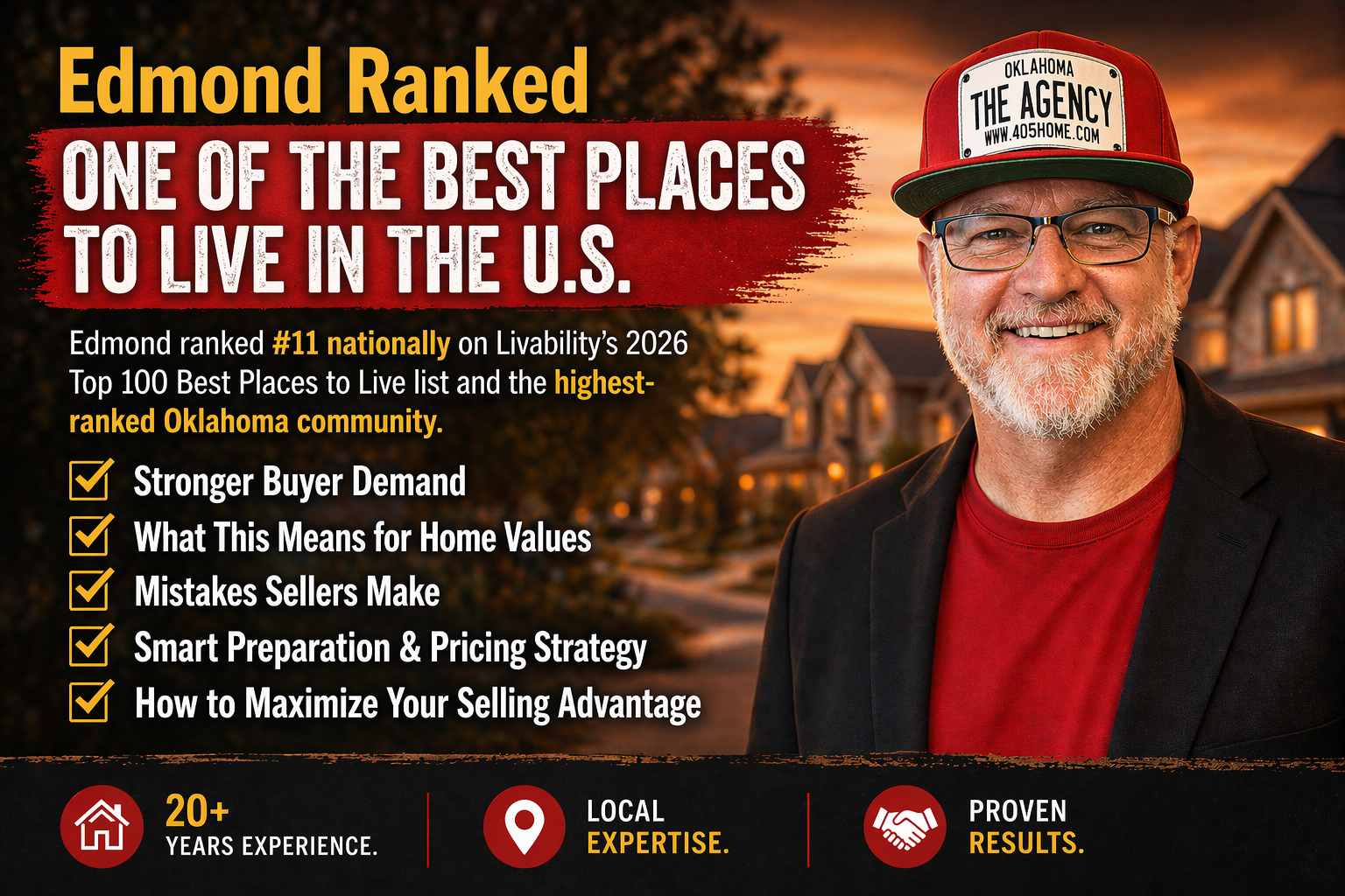 Edmond Oklahoma skyline neighborhood at sunset with Ryan Hukill discussing what the city’s best places to live ranking means for home values and sellers