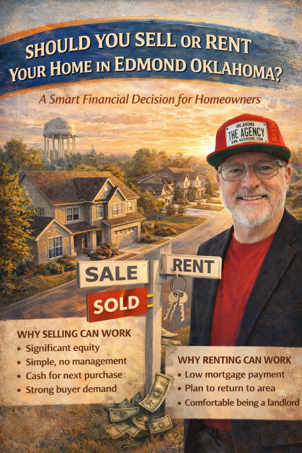 Infographic about deciding whether to sell or rent a home in Edmond Oklahoma featuring local real estate expert Ryan Hukill