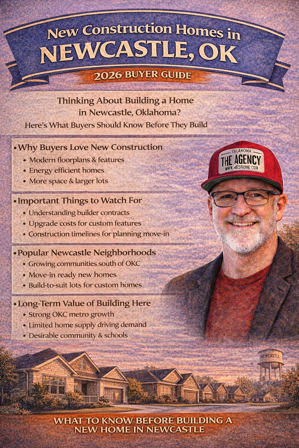 New construction homes in Newcastle Oklahoma buyer guide infographic featuring a local realtor and modern Newcastle neighborhood