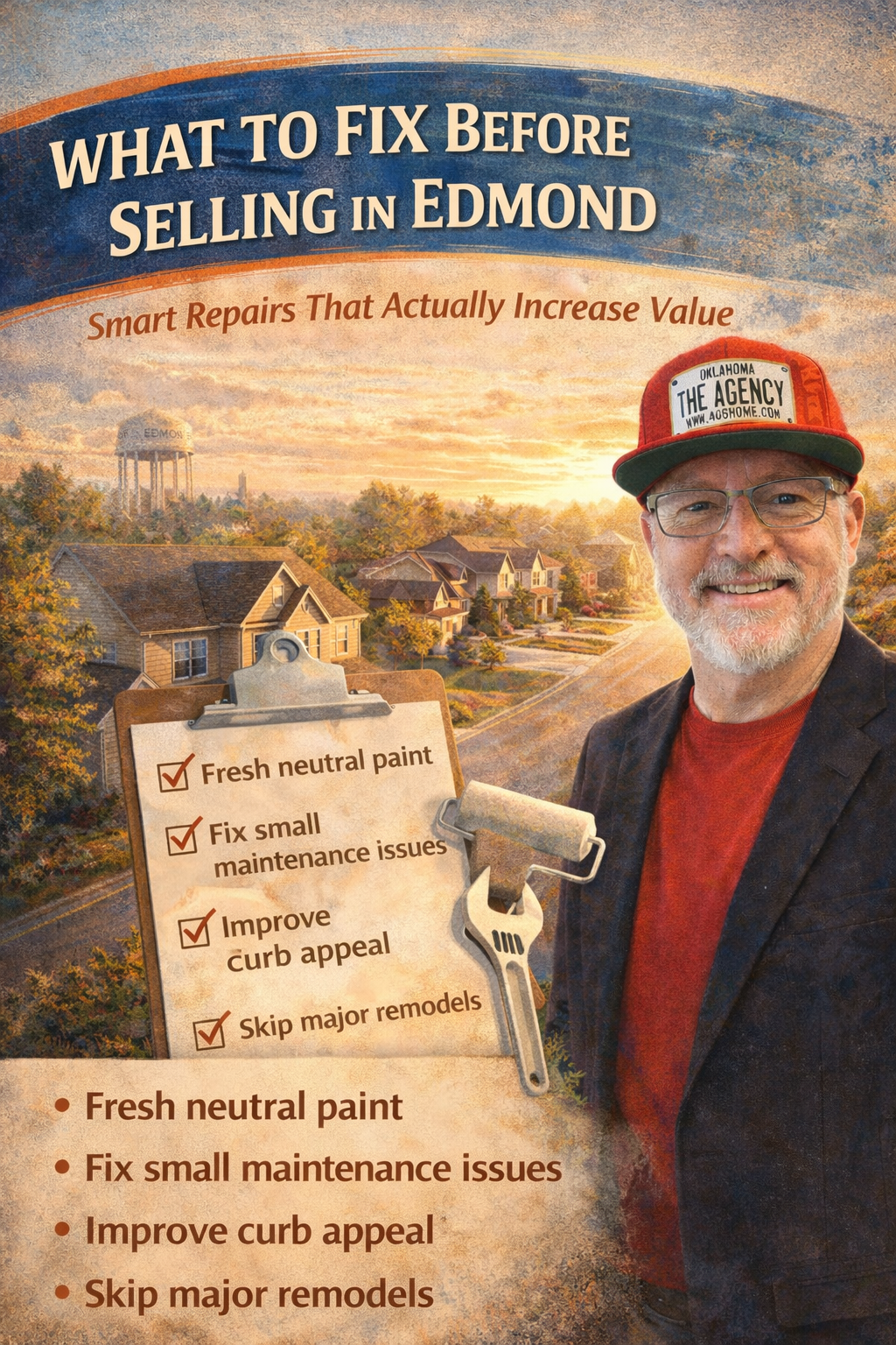Infographic showing which repairs to make before selling a home in Edmond Oklahoma featuring listing expert Ryan Hukill