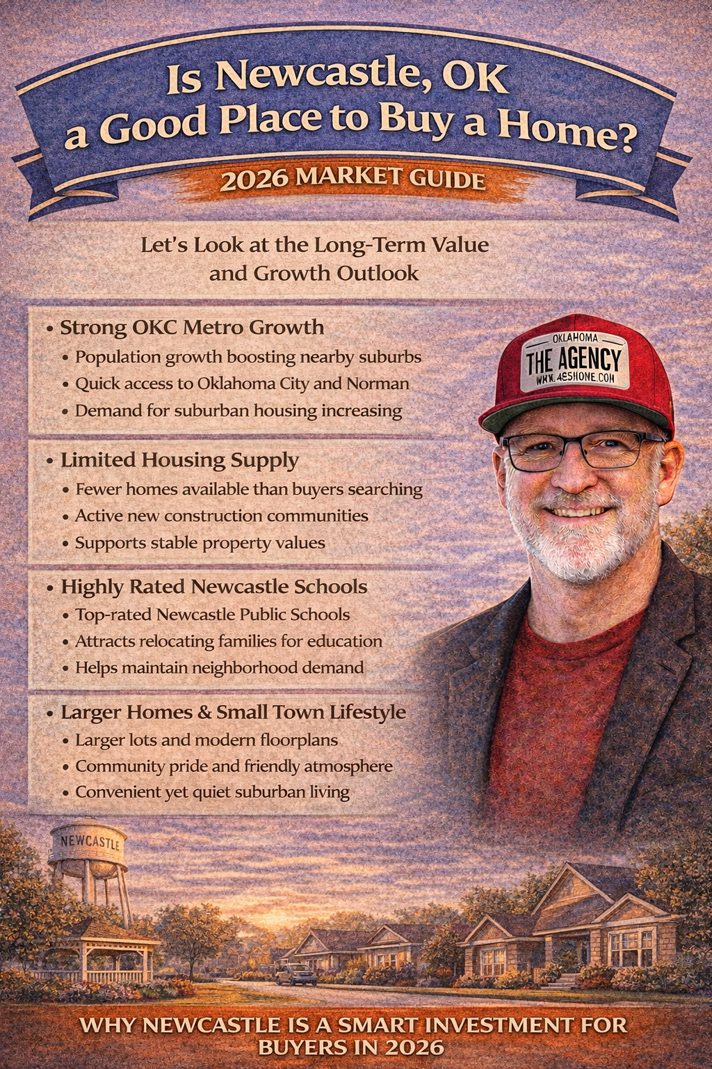 Is Newcastle Oklahoma a good place to buy a home infographic featuring Newcastle housing market insights and Ryan Hukill