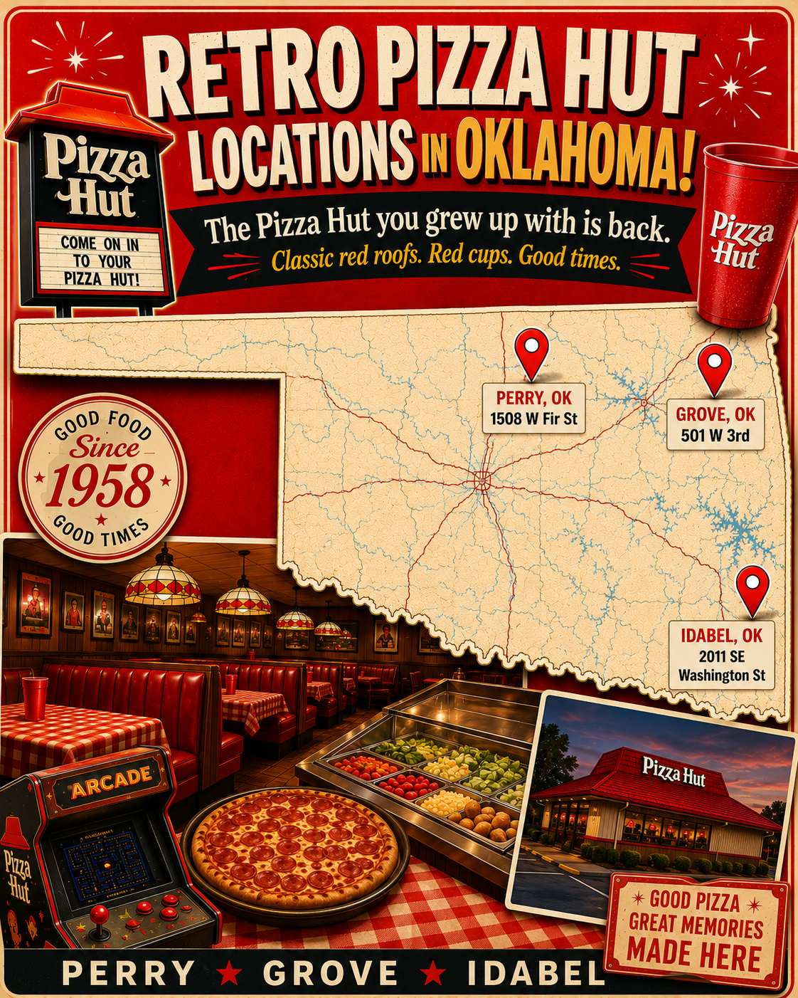 Retro Pizza Hut Oklahoma locations graphic showing vintage red roof Pizza Hut restaurants in Perry, Grove, and Idabel Oklahoma