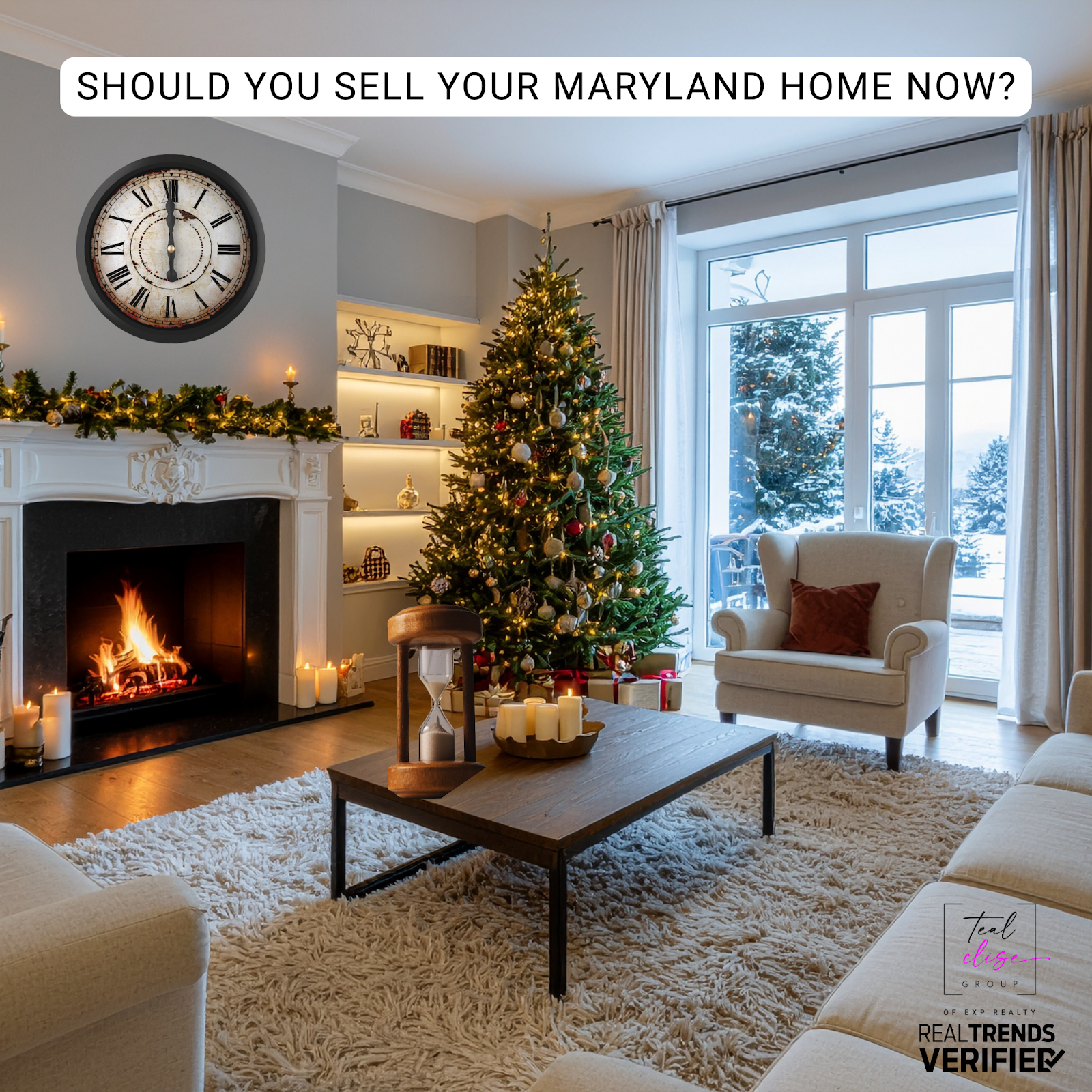 Maryland home interior decorated for the holidays with a fireplace and Christmas tree, promoting a real estate message asking whether to sell a Maryland home now.