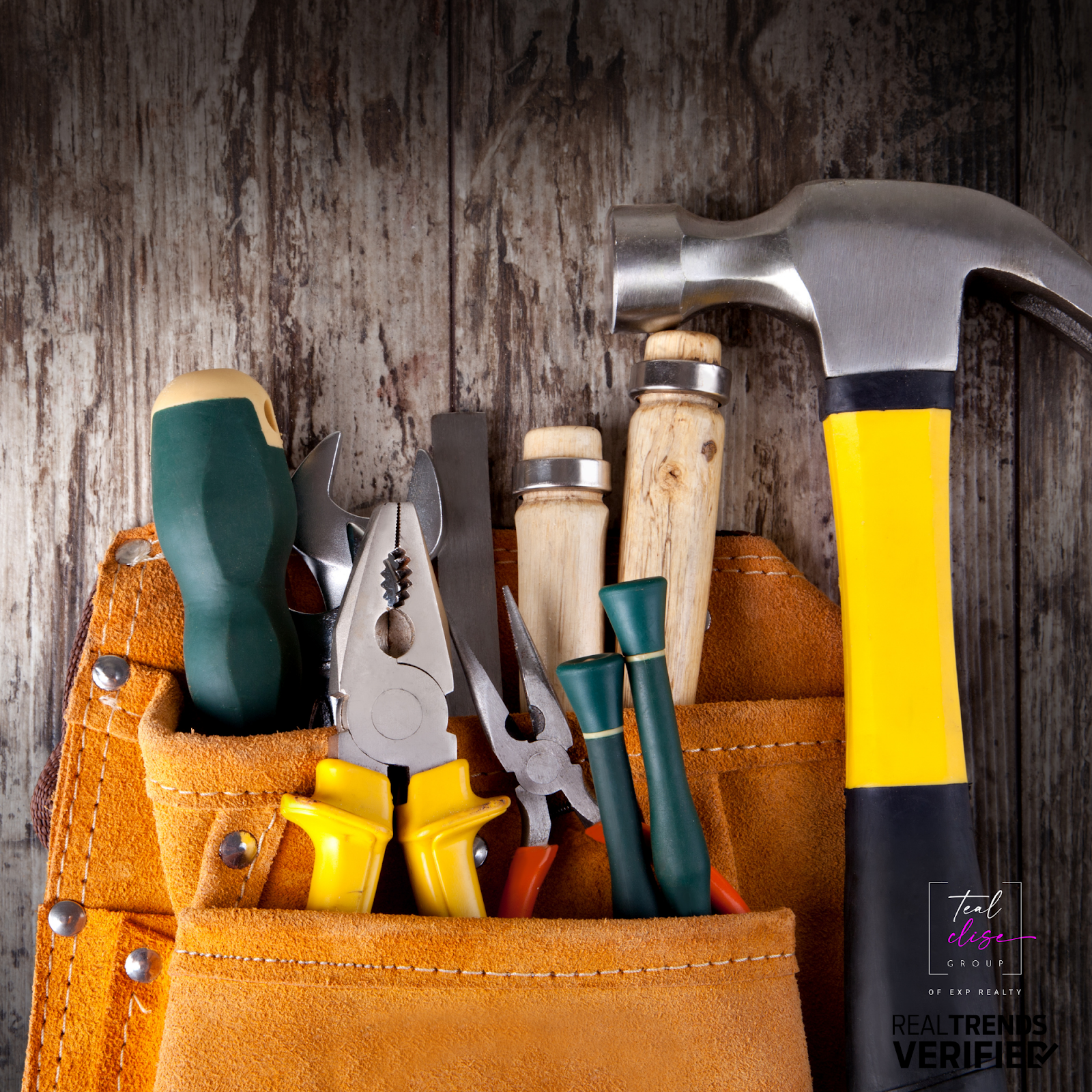 Tool belt with hammer, pliers, and screwdrivers on wooden background — representing fall home maintenance and seasonal repair checklist for Maryland homeowners.