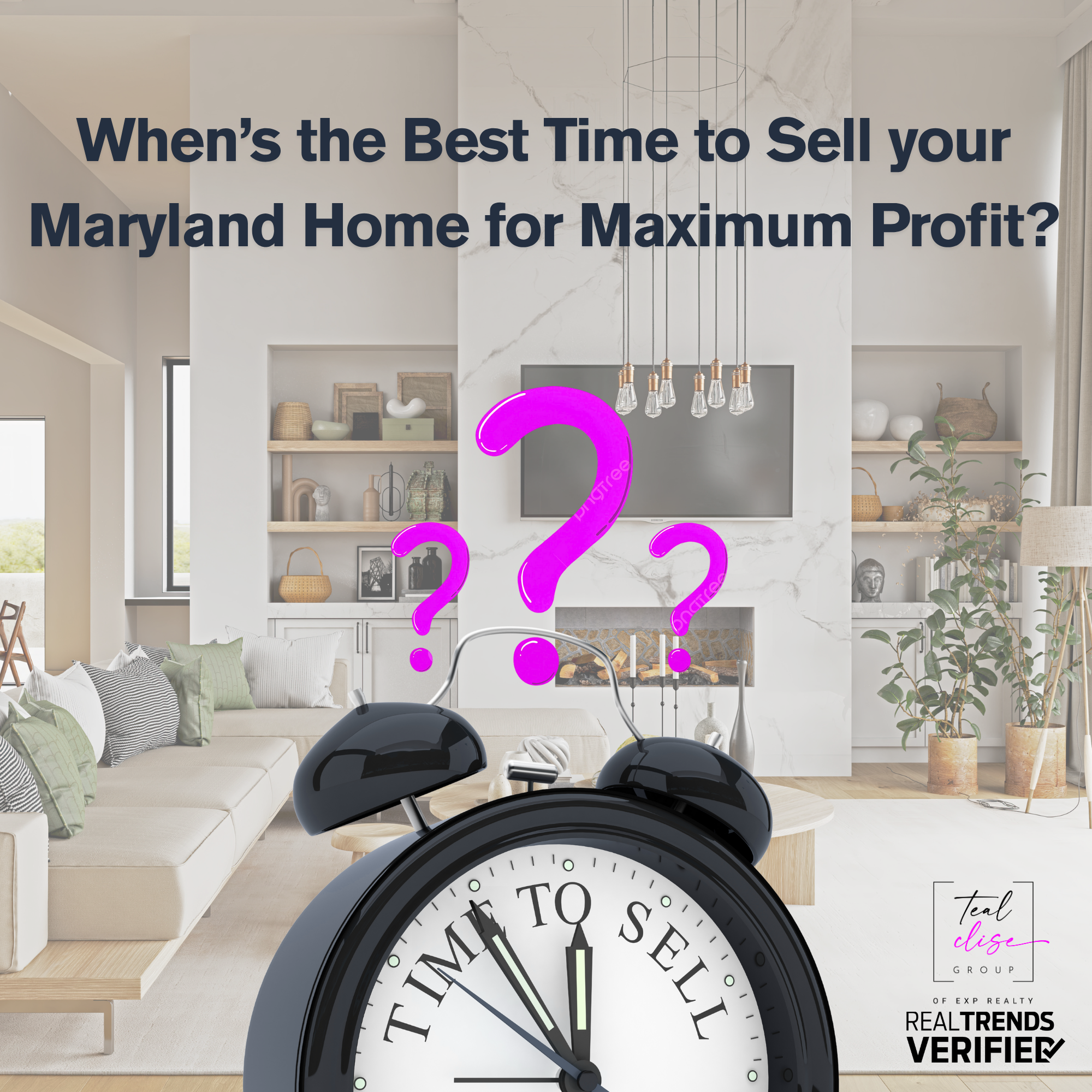 Graphic featuring a modern Maryland living room with a large black clock in the foreground reading 'Time to Sell.' Three bright pink question marks float above the clock. Headline text reads: 'When’s the Best Time to Sell your Maryland Home for Maximum Profit?' The image promotes a real estate blog by the Teal Clise Group, encouraging homeowners to consider market timing.