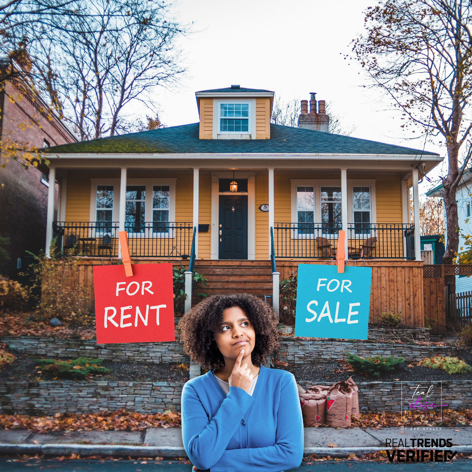 A thoughtful woman stands in front of a yellow Maryland house with two signs reading “For Rent” and “For Sale,” symbolizing the choice between renting or buying a home in Maryland in 2025. Real estate concept image for Teal Clise Group.