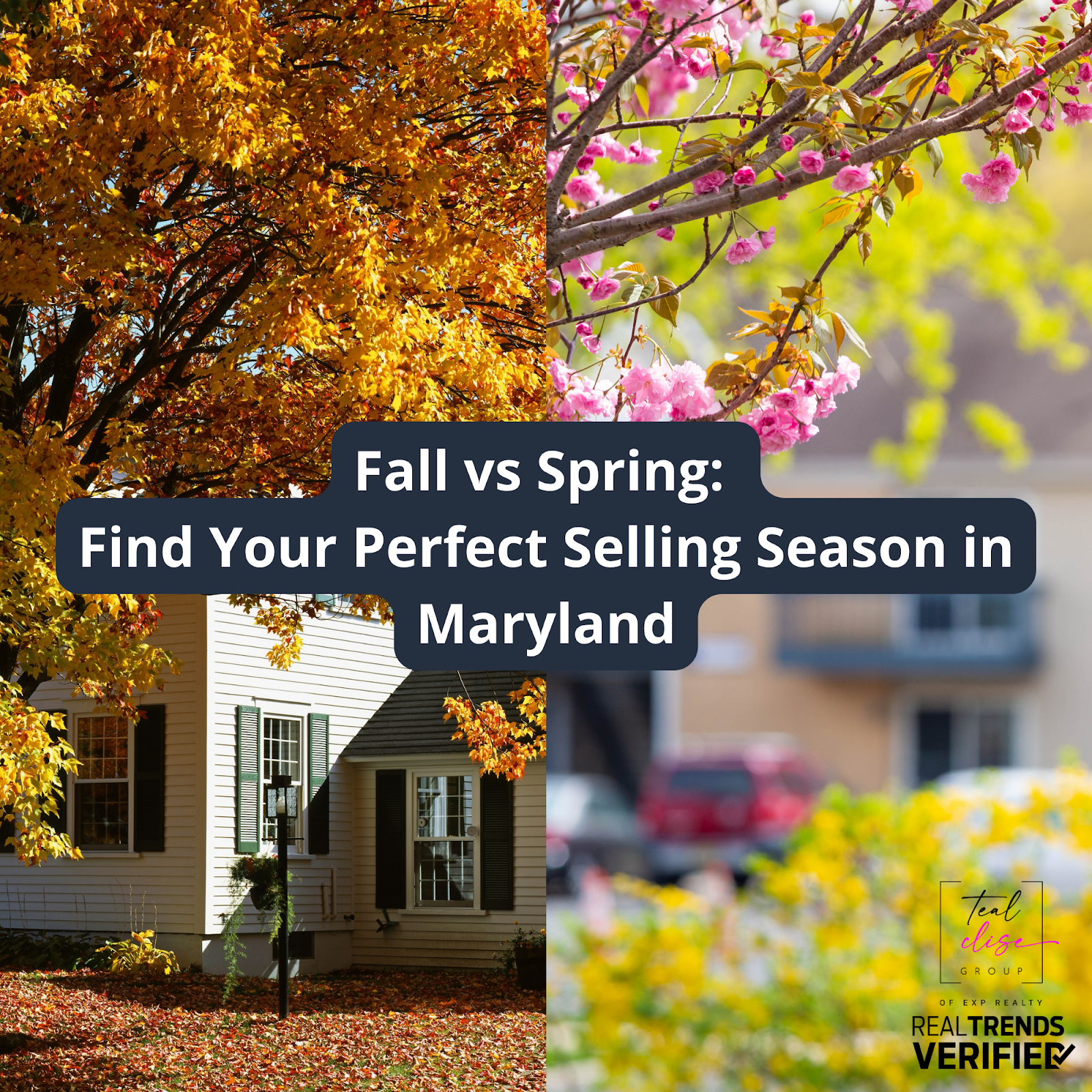 Split image of a Maryland home in two seasons — fall with colorful leaves and spring with blooming flowers — illustrating the best time to sell a home in Maryland. Text overlay reads ‘Fall vs Spring: Find Your Perfect Selling Season in Maryland.