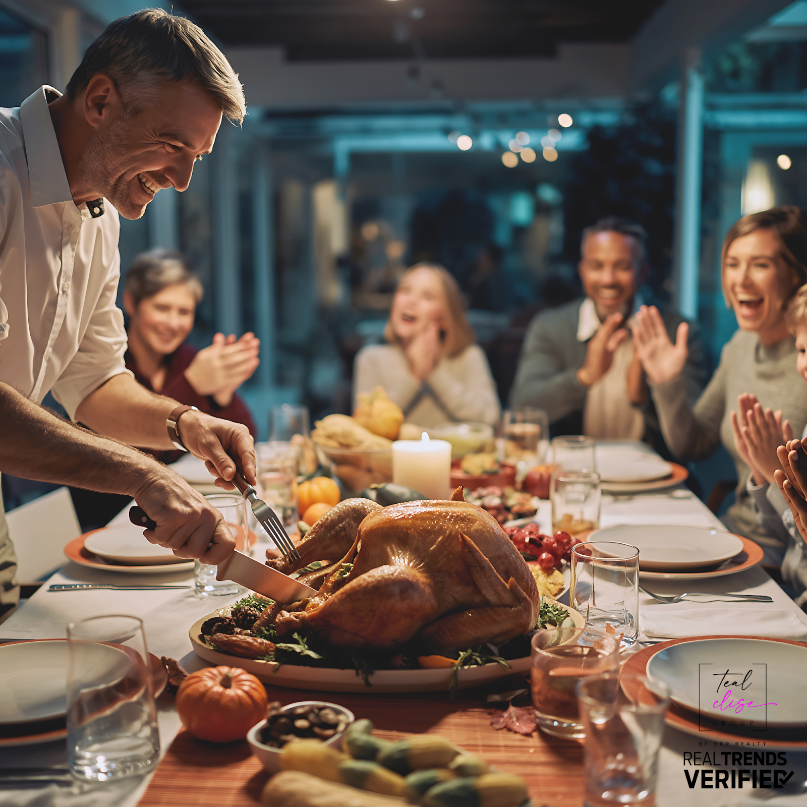 Family enjoying a holiday meal together, representing real estate conversations at seasonal gatherings in Maryland.