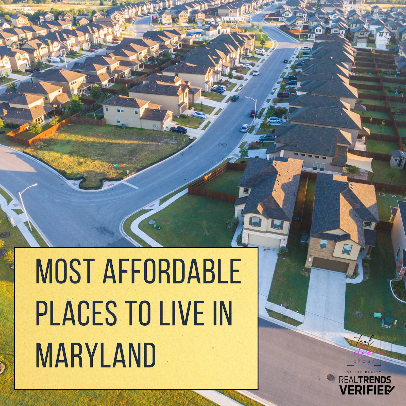 Aerial view of a suburban Maryland neighborhood with single-family homes and tree-lined streets, representing the most affordable places to live in Maryland in 2026 for home buyers seeking budget-friendly communities