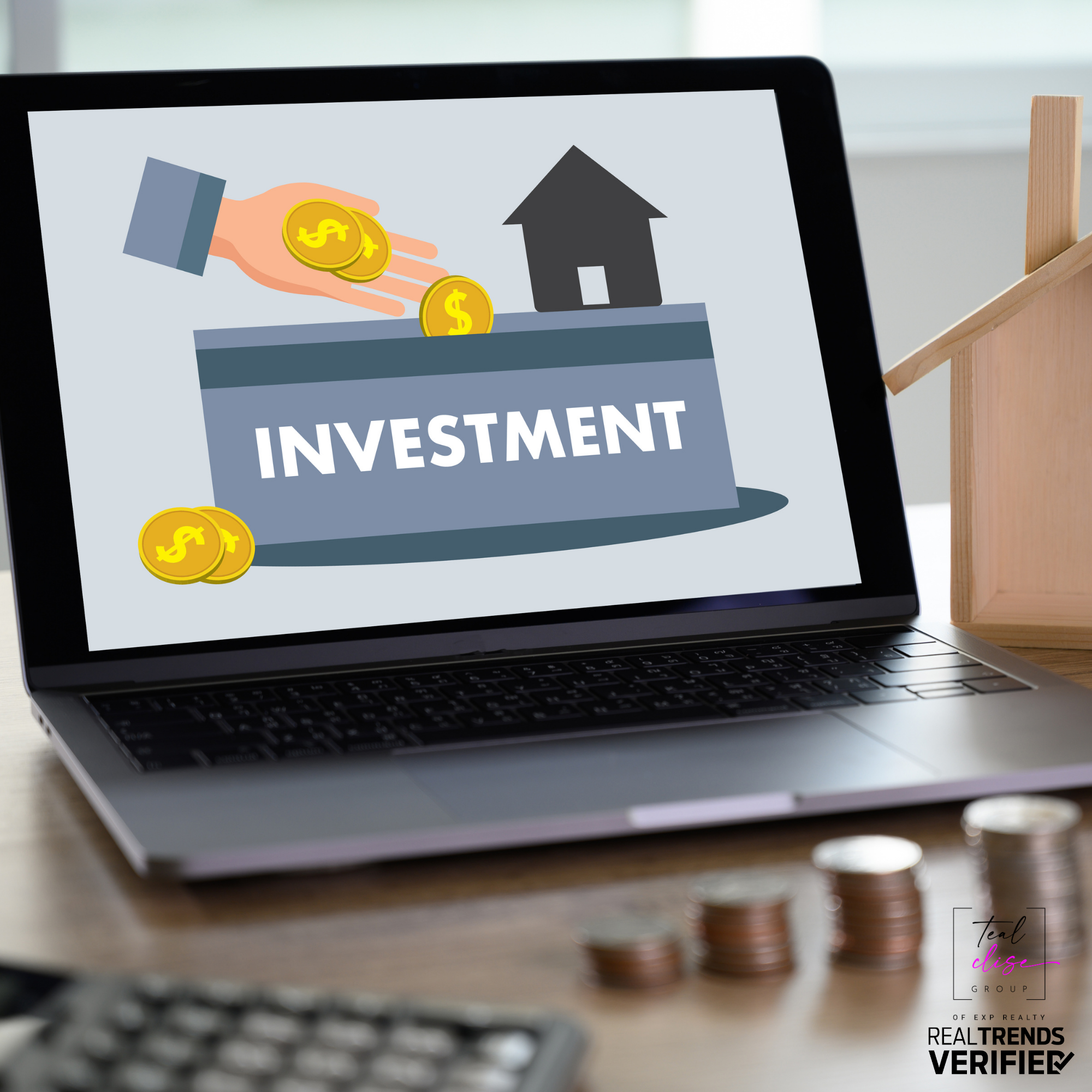 Laptop screen displaying a real estate investment graphic with coins and a house icon, representing property income and investor strategy in Maryland.
