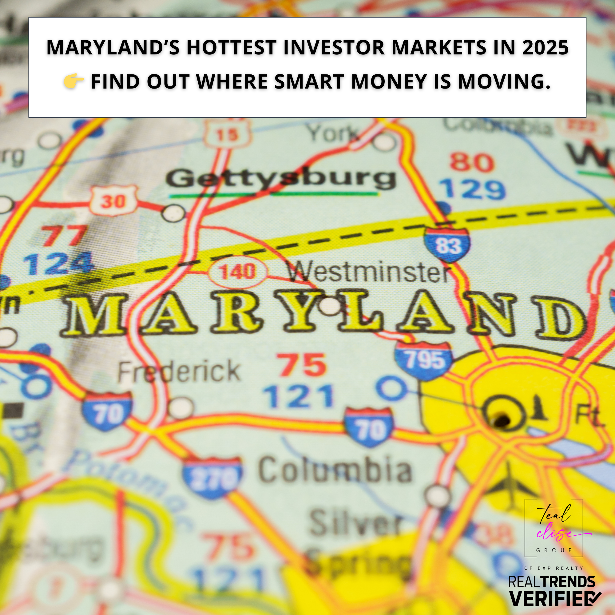 Map of Maryland highlighting investor markets with text overlay that reads ‘Maryland’s Hottest Investor Markets in 2025 – Find Out Where Smart Money Is Moving,’ promoting top Maryland zip codes for real estate investing in Baltimore City, Baltimore County, Howard, Harford, Carroll, and Cecil.