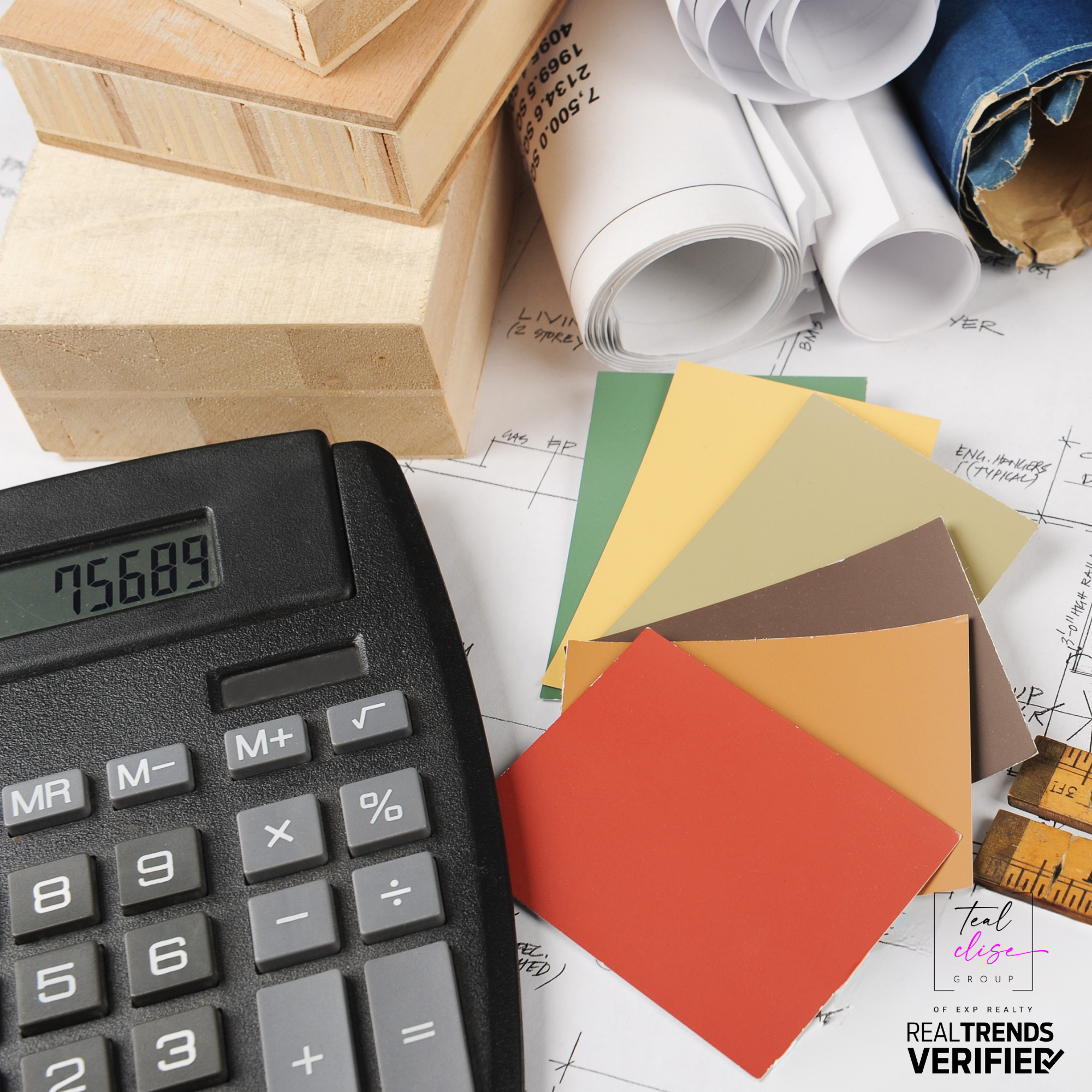 Calculator, paint swatches, wood samples, and rolled-up blueprints on a table — symbolizing budgeting and renovation planning for buying an as-is home