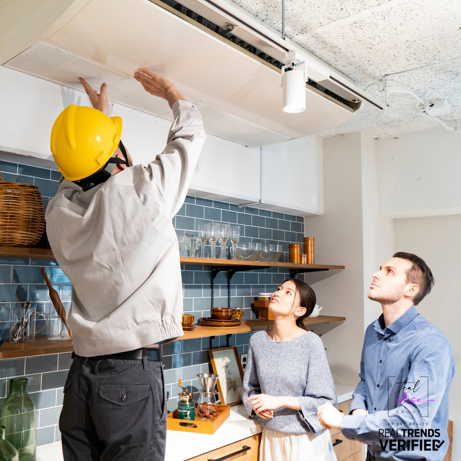 HVAC technician inspecting a ceiling air vent while Maryland homeowners watch, representing year-end home maintenance to keep a home warm, safe, and energy efficient.