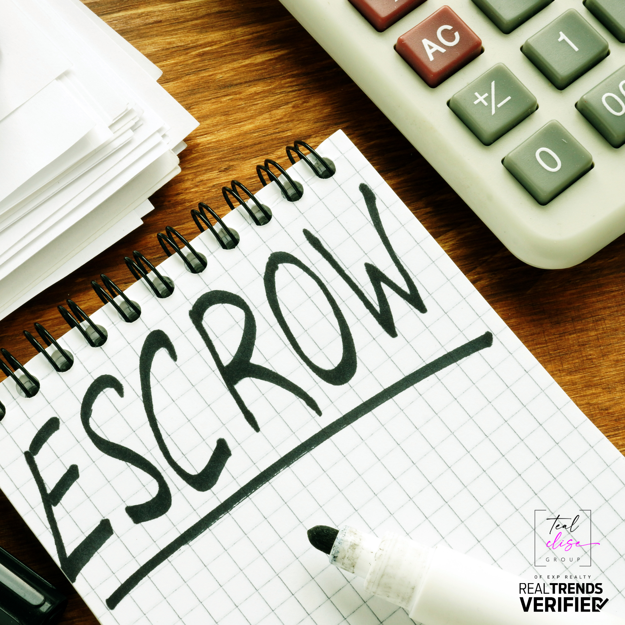 Close-up of a notepad with the word “Escrow” written in bold marker, next to a calculator and paperwork, representing Maryland real estate buyer planning.
