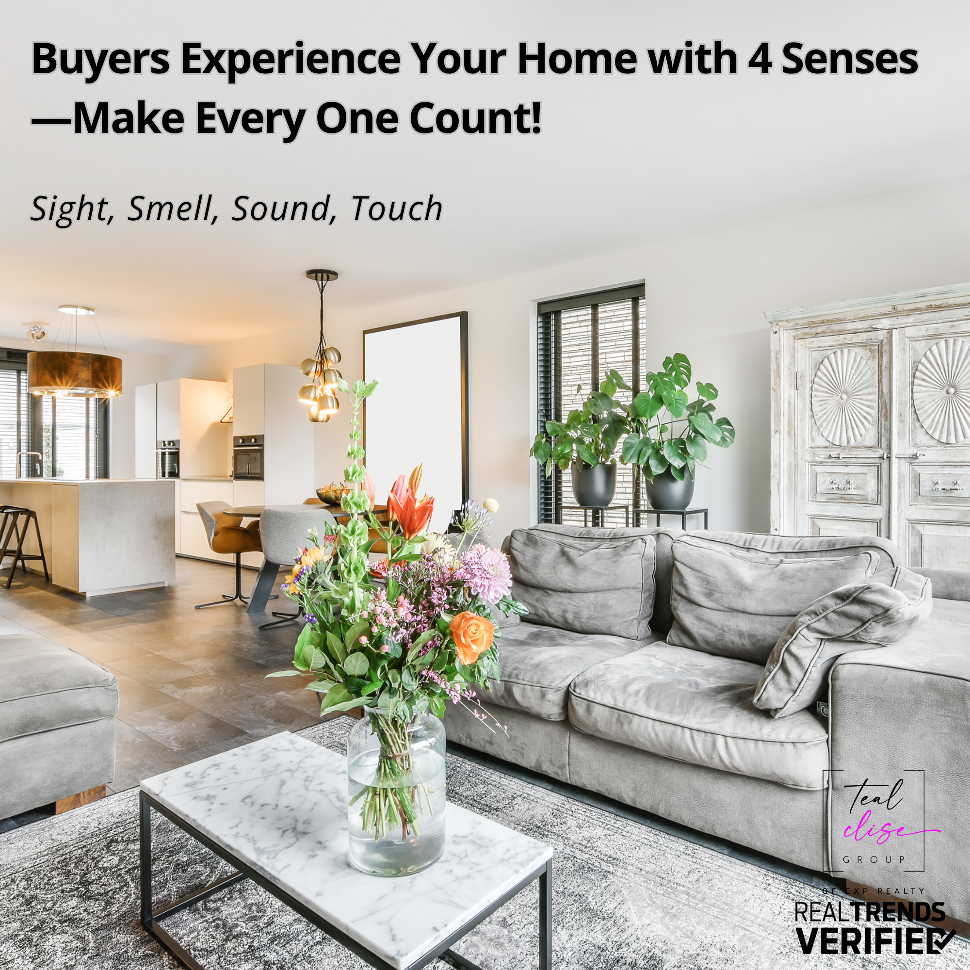 Bright modern living room with fresh flowers and natural light – home staging tips by Maryland Realtors, Teal Clise Group